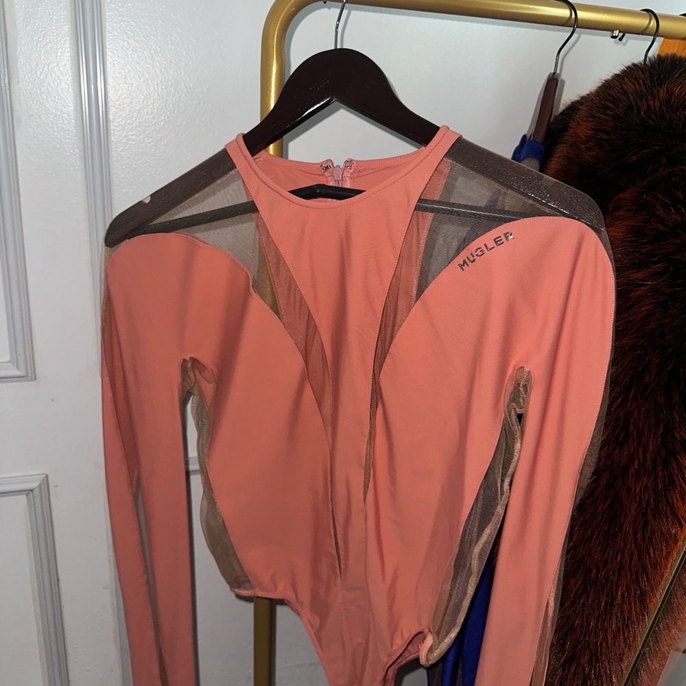 Mugler Coral and Black Sheer Bodysuit